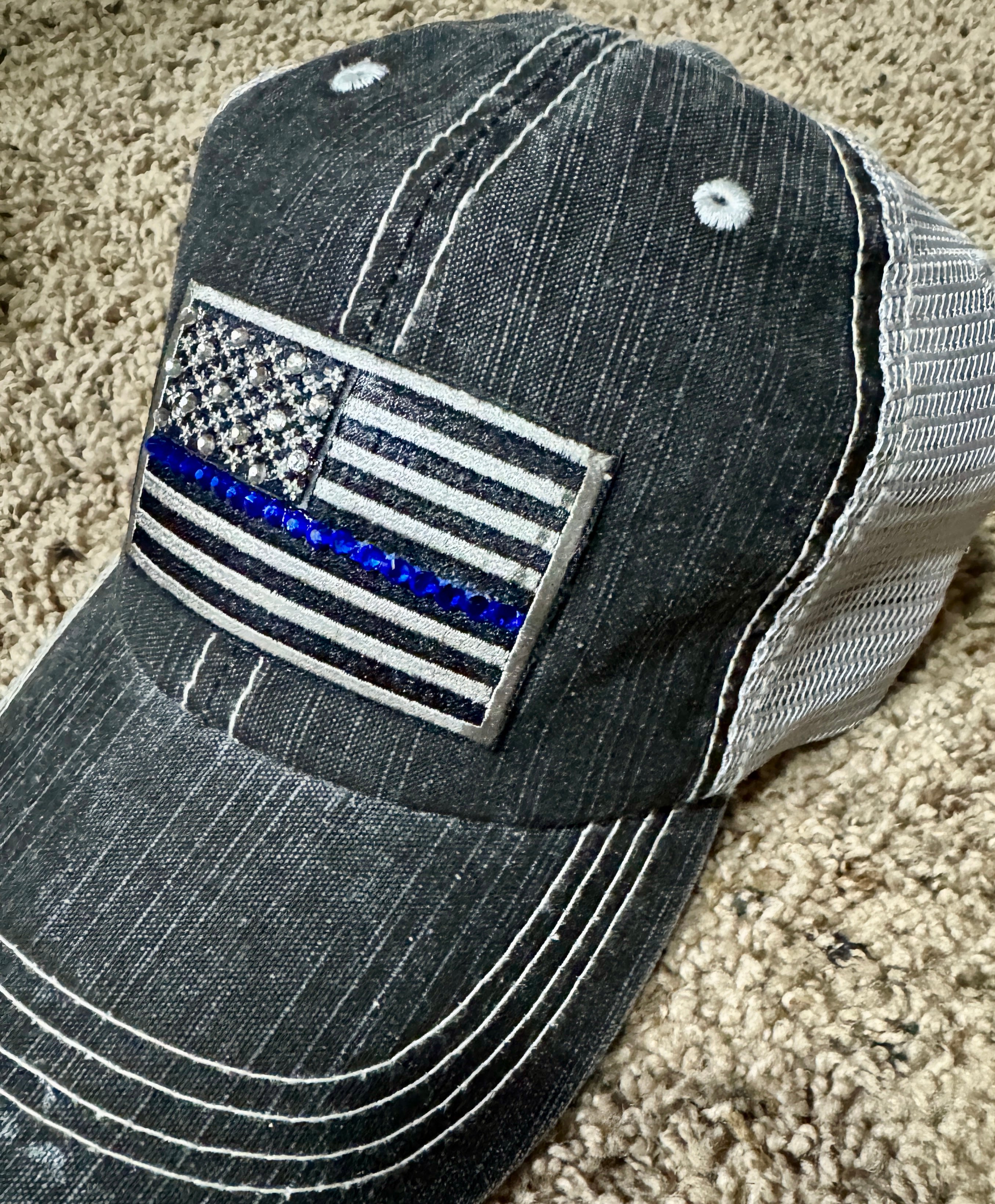 Thin Blue Line Trucker Hat – baseball cap, Distressed Black Mesh Back, Rhinestone American Flag Cap