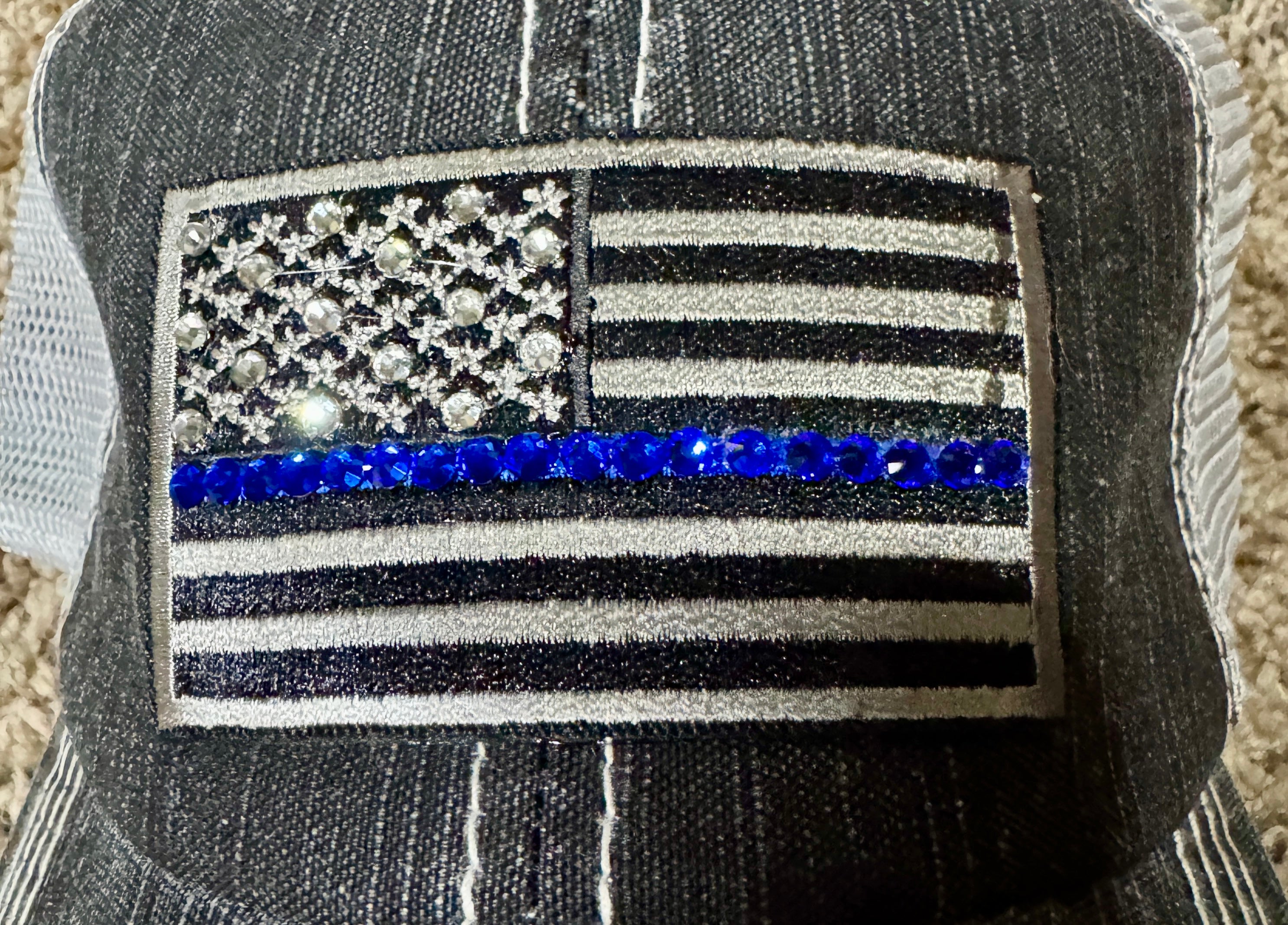 Thin Blue Line Trucker Hat – baseball cap, Distressed Black Mesh Back, Rhinestone American Flag Cap