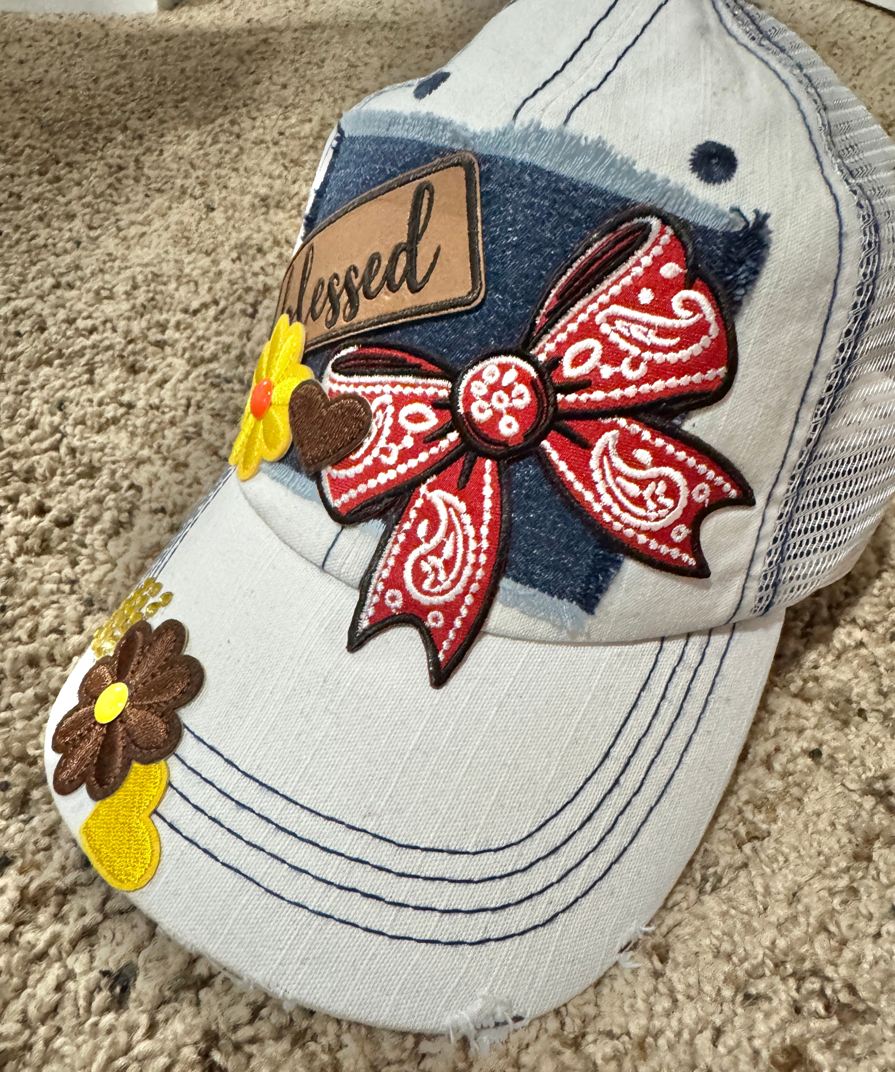 Blessed Hat – Women’s Country Trucker Cap with Red Bandana Bow, Yellow Flowers & Denim Patch