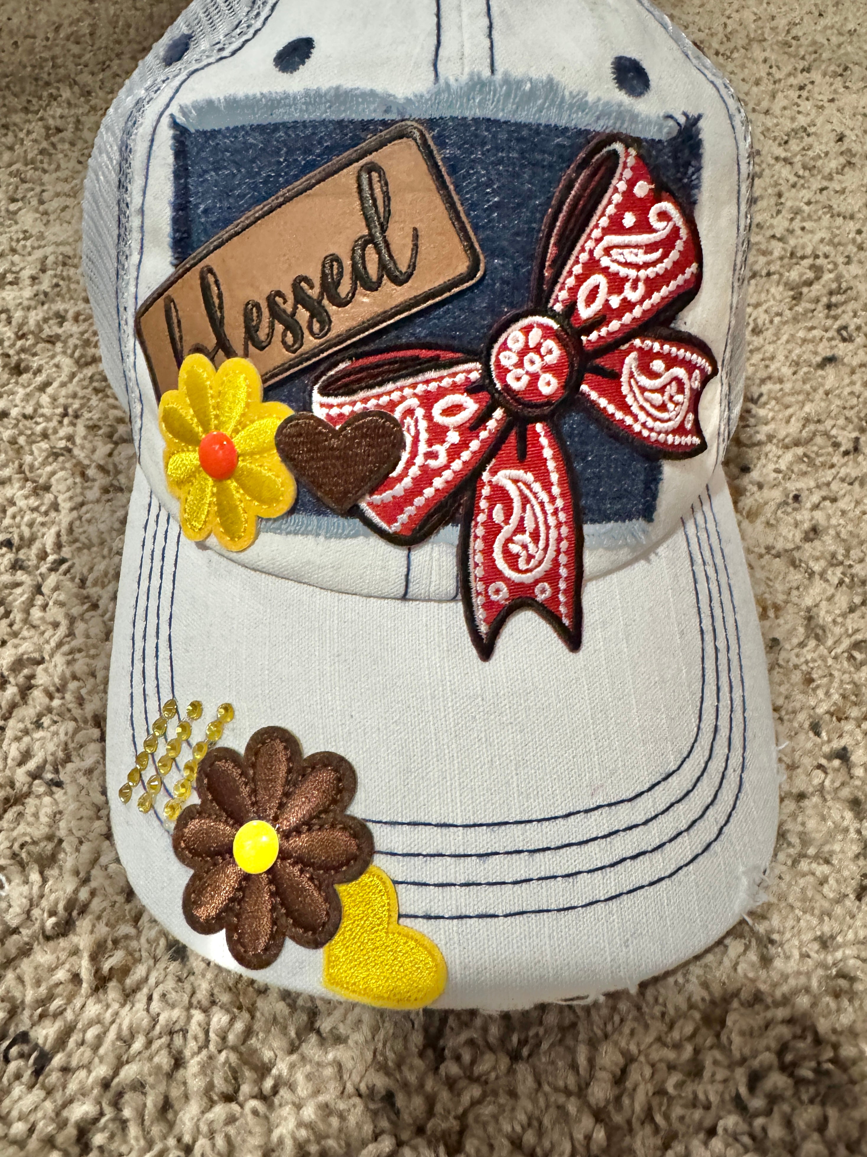 Blessed Hat – Women’s Country Trucker Cap with Red Bandana Bow, Yellow Flowers & Denim Patch