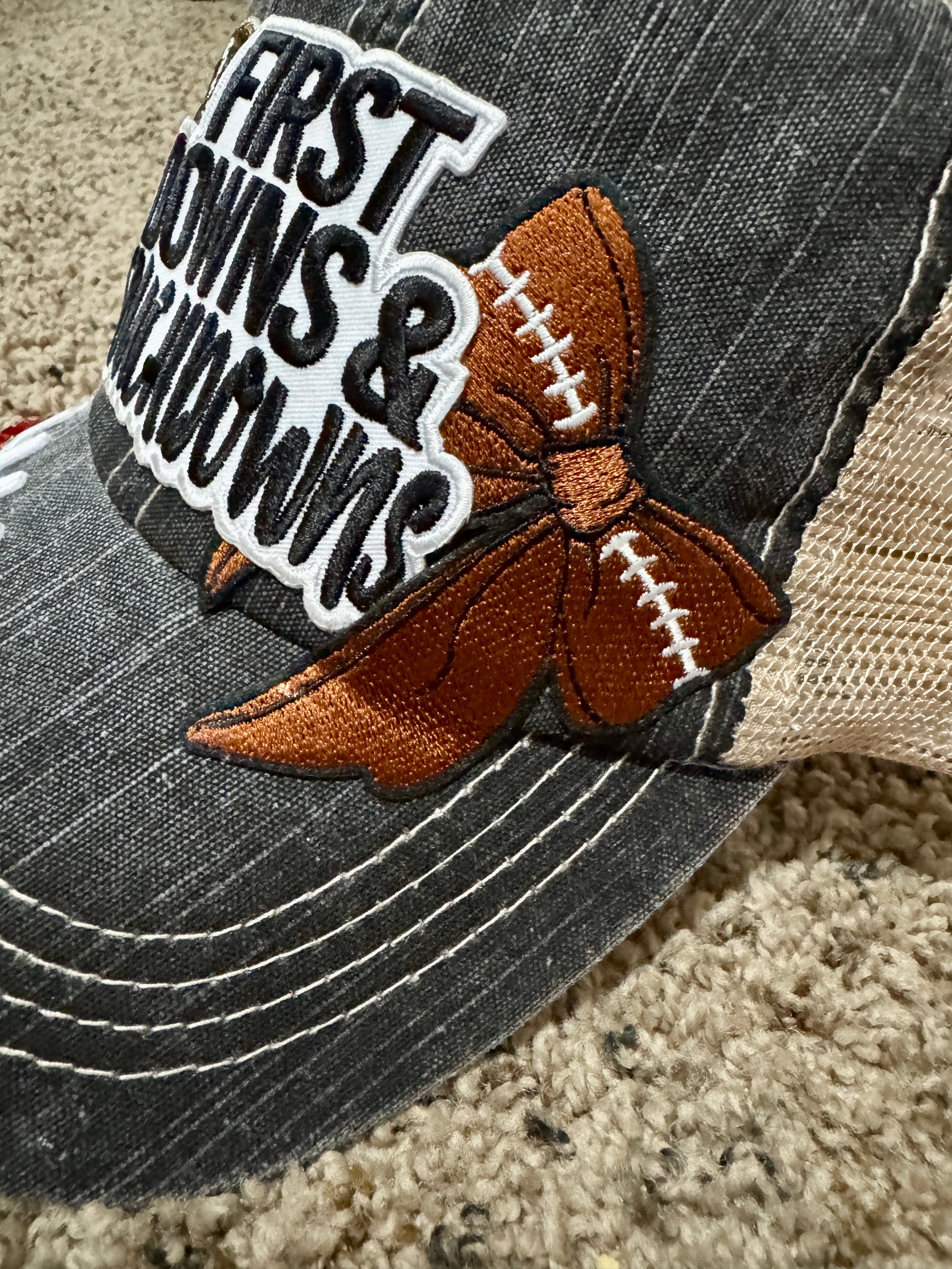First Downs & Touchdowns Hat – Women’s Football Trucker Cap with Sequin Footballs, Red Rhinestones & Distressed Snapback
