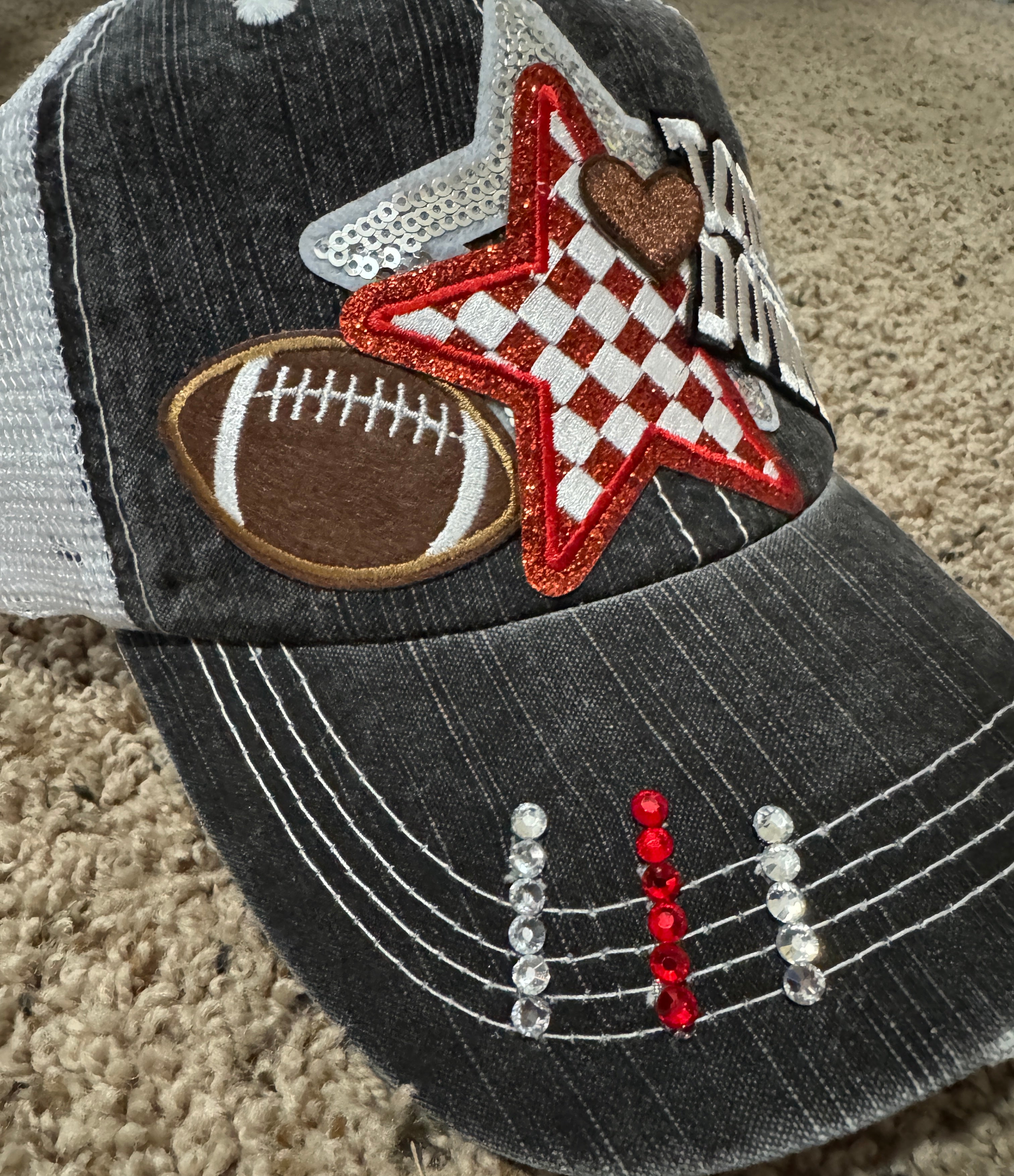 Touchdown Football Hat – Women’s Game Day Trucker Cap with Red Glitter Star, Sequin Details & Distressed Snapback