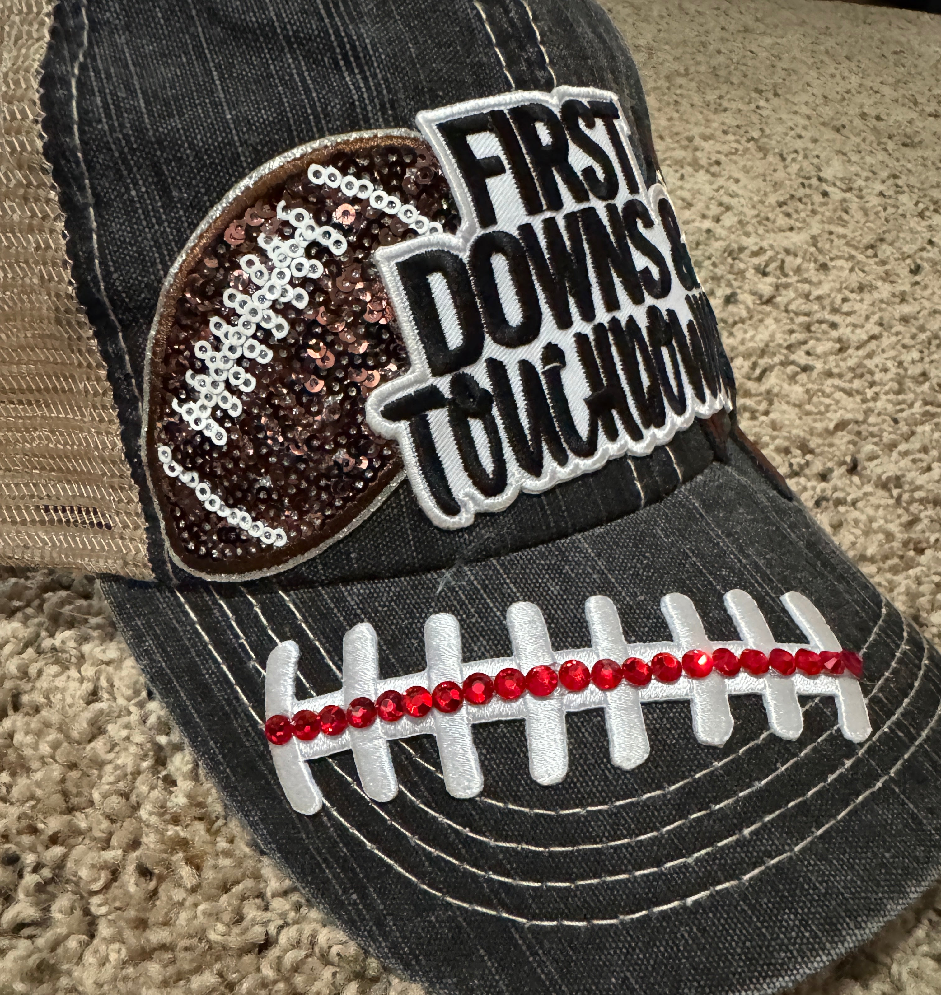 First Downs & Touchdowns Hat – Women’s Football Trucker Cap with Sequin Footballs, Red Rhinestones & Distressed Snapback