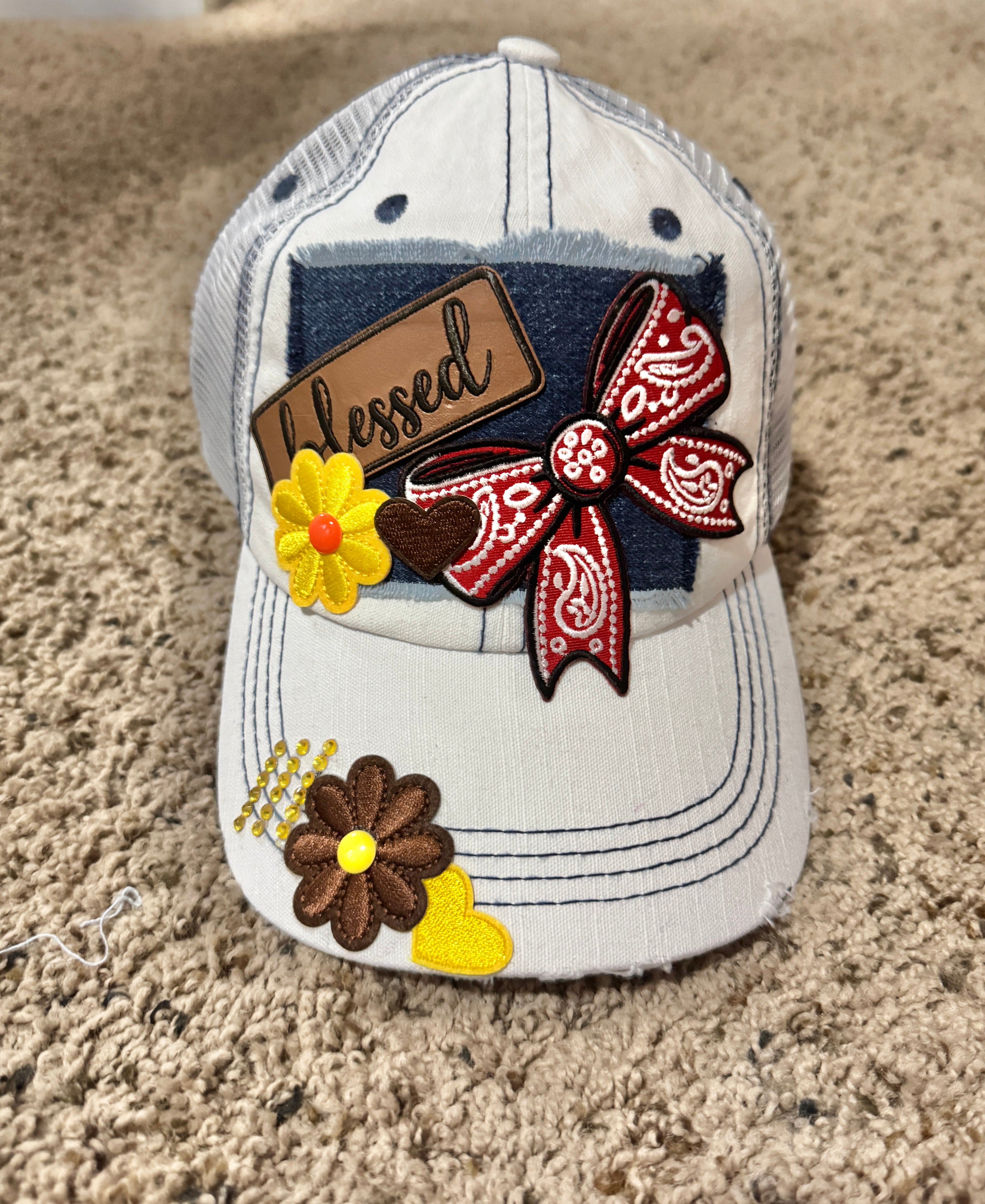 Blessed Hat – Women’s Country Trucker Cap with Red Bandana Bow, Yellow Flowers & Denim Patch