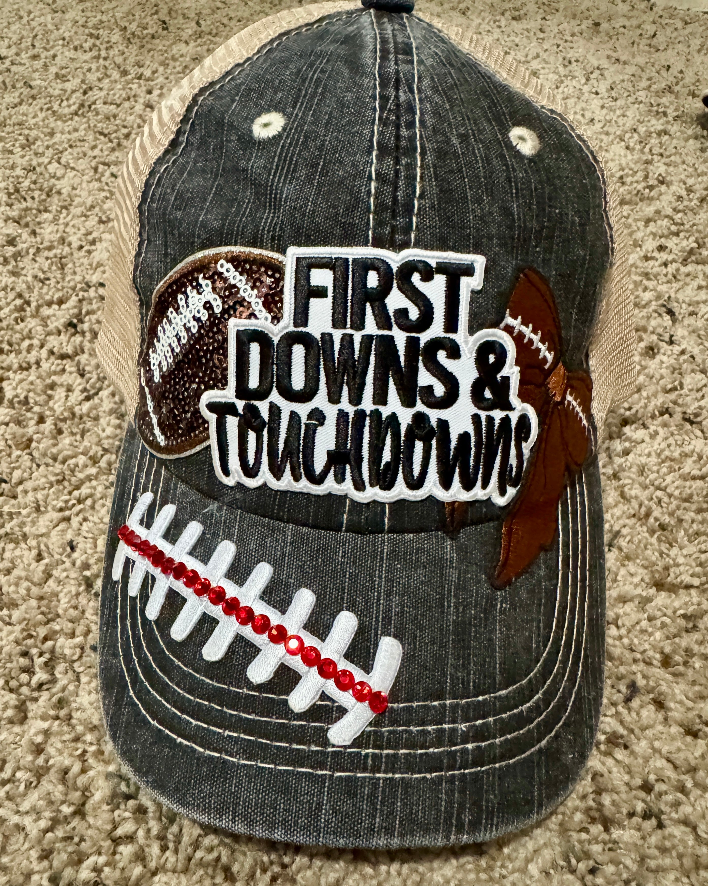 First Downs & Touchdowns Hat – Women’s Football Trucker Cap with Sequin Footballs, Red Rhinestones & Distressed Snapback