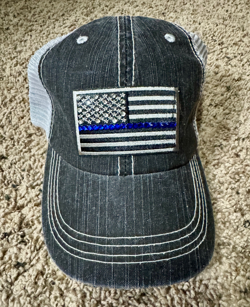 Thin Blue Line Trucker Hat – baseball cap, Distressed Black Mesh Back, Rhinestone American Flag Cap