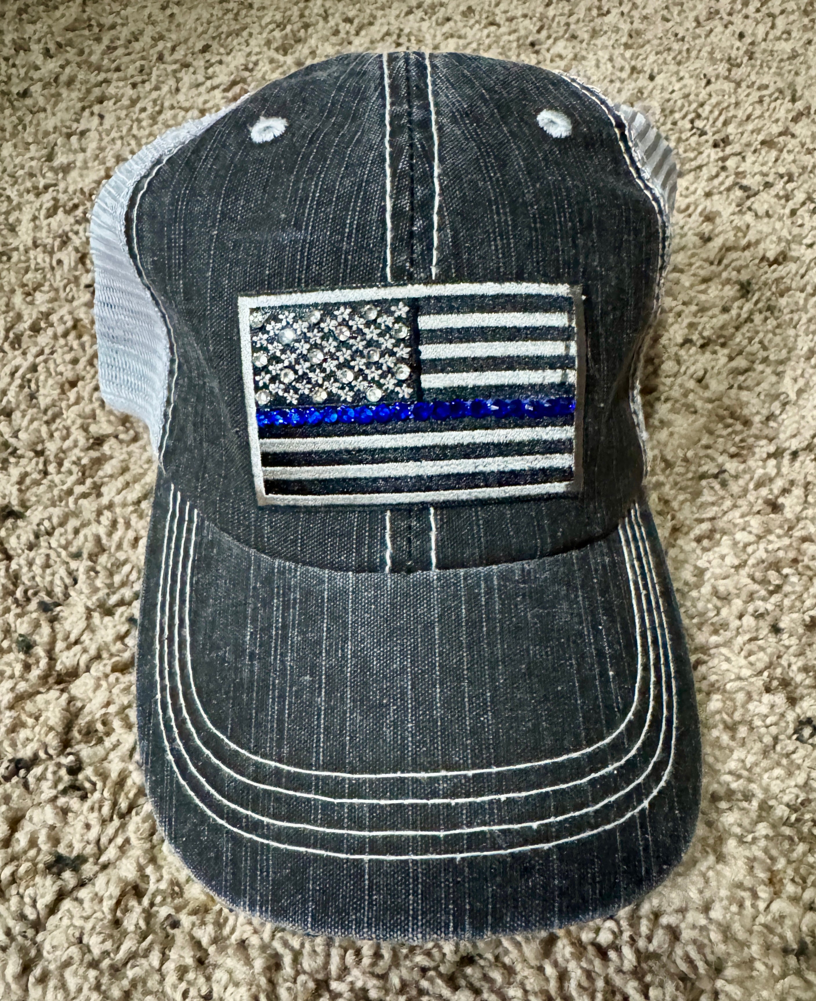 Thin Blue Line Trucker Hat – baseball cap, Distressed Black Mesh Back, Rhinestone American Flag Cap