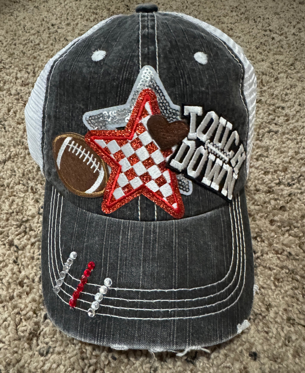 Touchdown Football Hat – Women’s Game Day Trucker Cap with Red Glitter Star, Sequin Details & Distressed Snapback