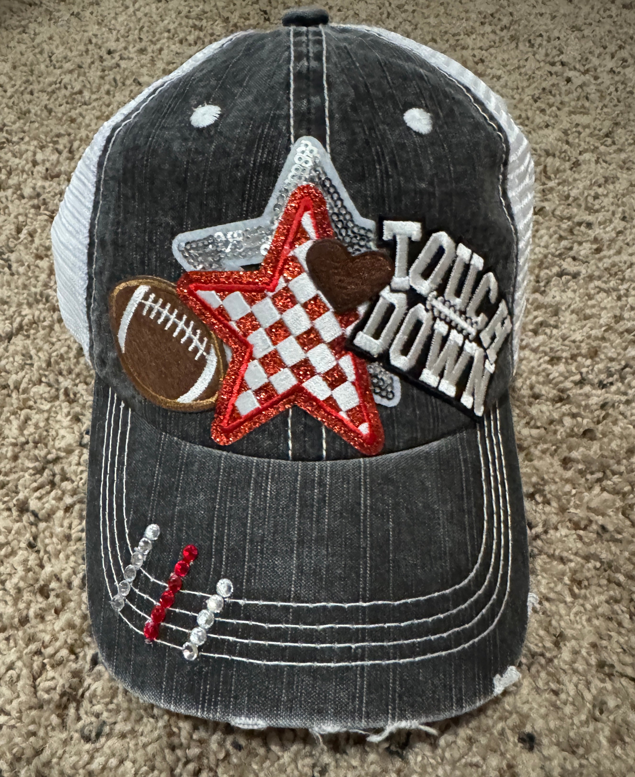Touchdown Football Hat – Women’s Game Day Trucker Cap with Red Glitter Star, Sequin Details & Distressed Snapback