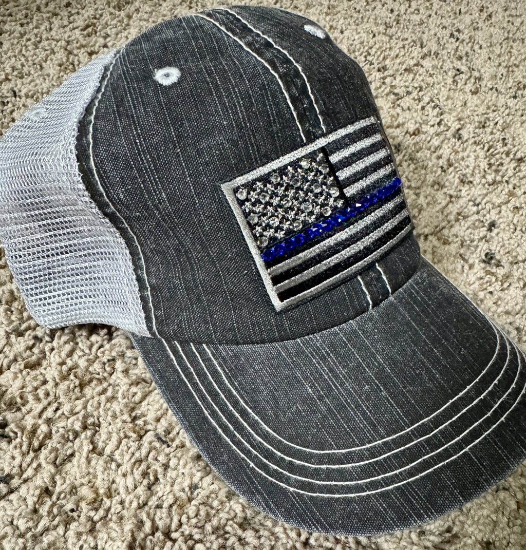 Thin Blue Line Trucker Hat – baseball cap, Distressed Black Mesh Back, Rhinestone American Flag Cap