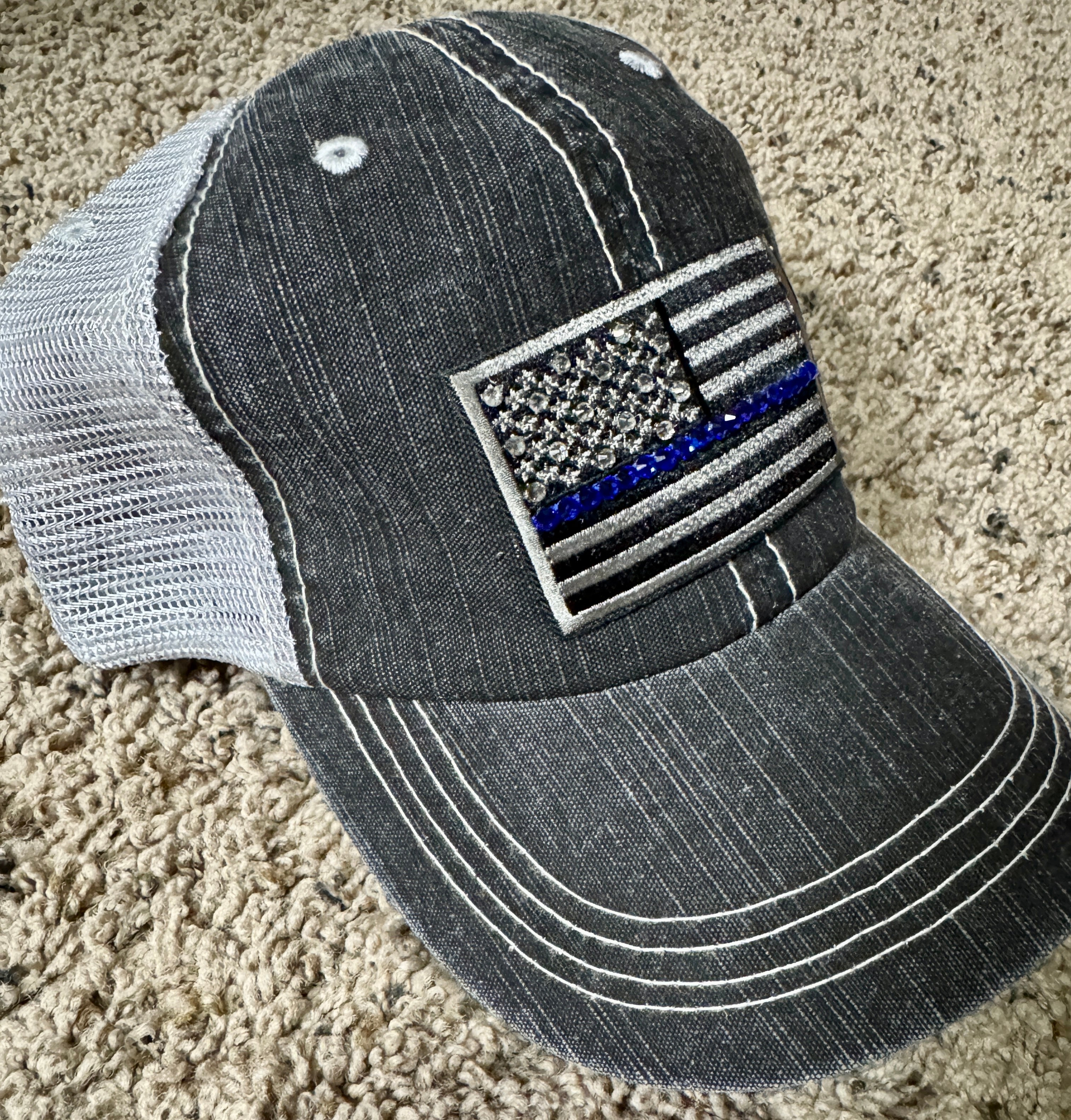 Thin Blue Line Trucker Hat – baseball cap, Distressed Black Mesh Back, Rhinestone American Flag Cap