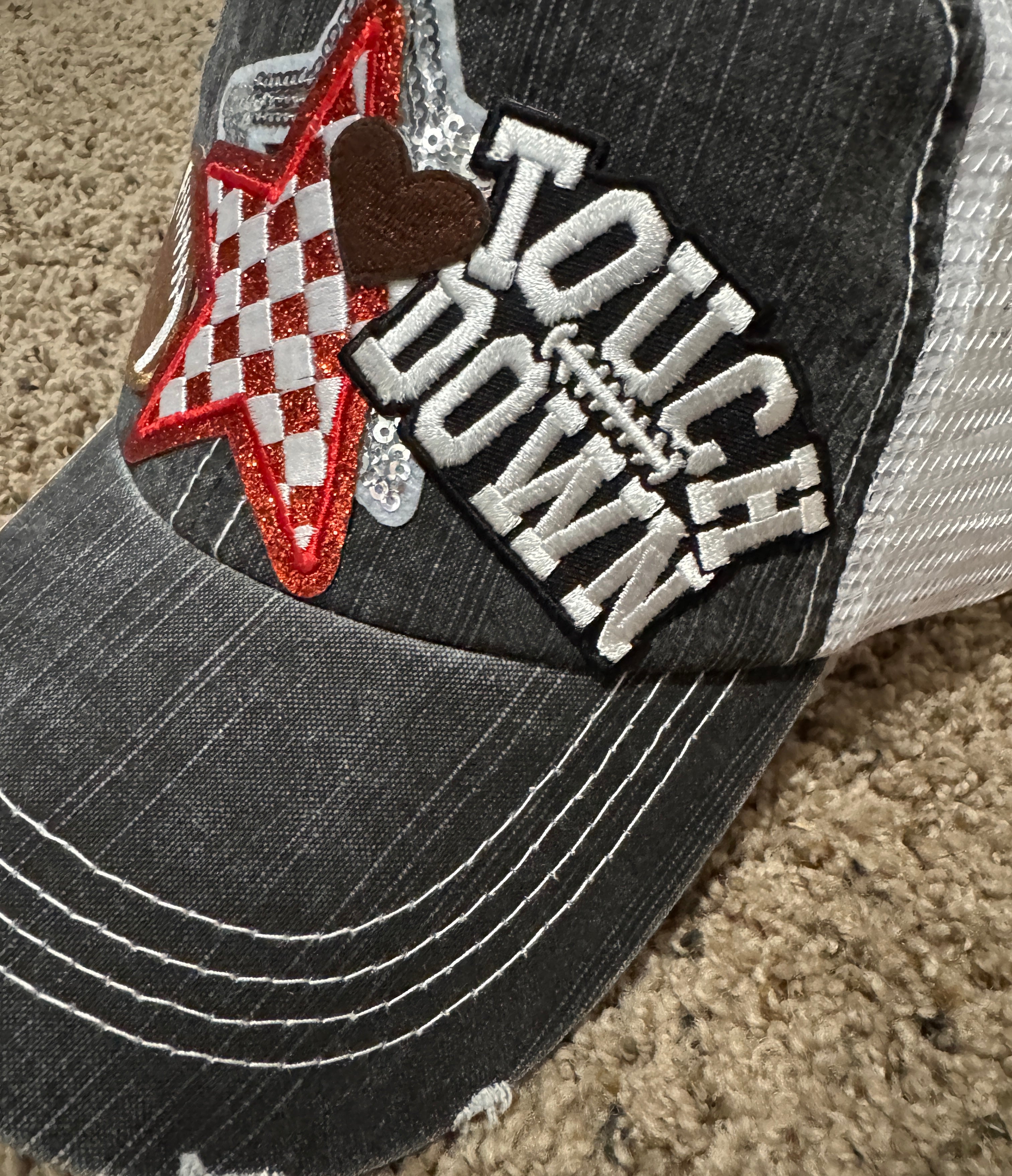 Touchdown Football Hat – Women’s Game Day Trucker Cap with Red Glitter Star, Sequin Details & Distressed Snapback