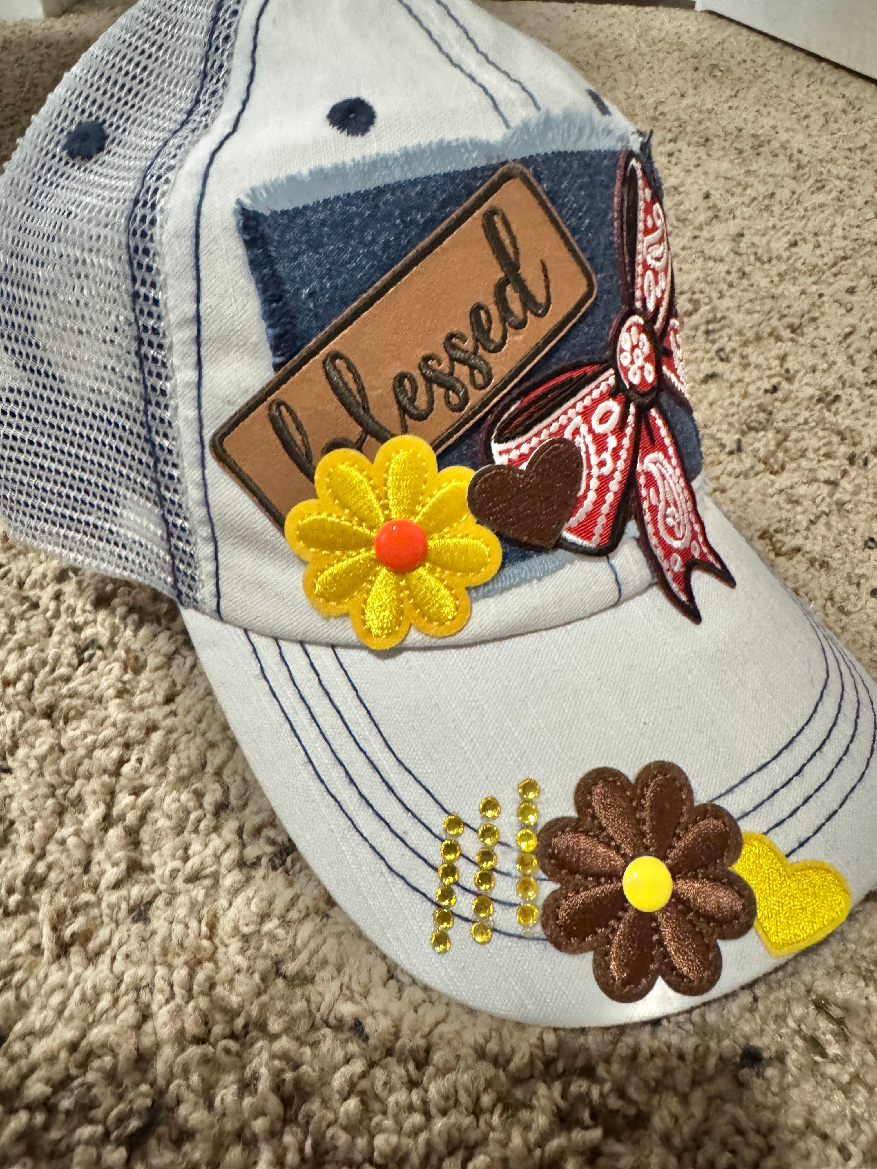 Blessed Hat – Women’s Country Trucker Cap with Red Bandana Bow, Yellow Flowers & Denim Patch
