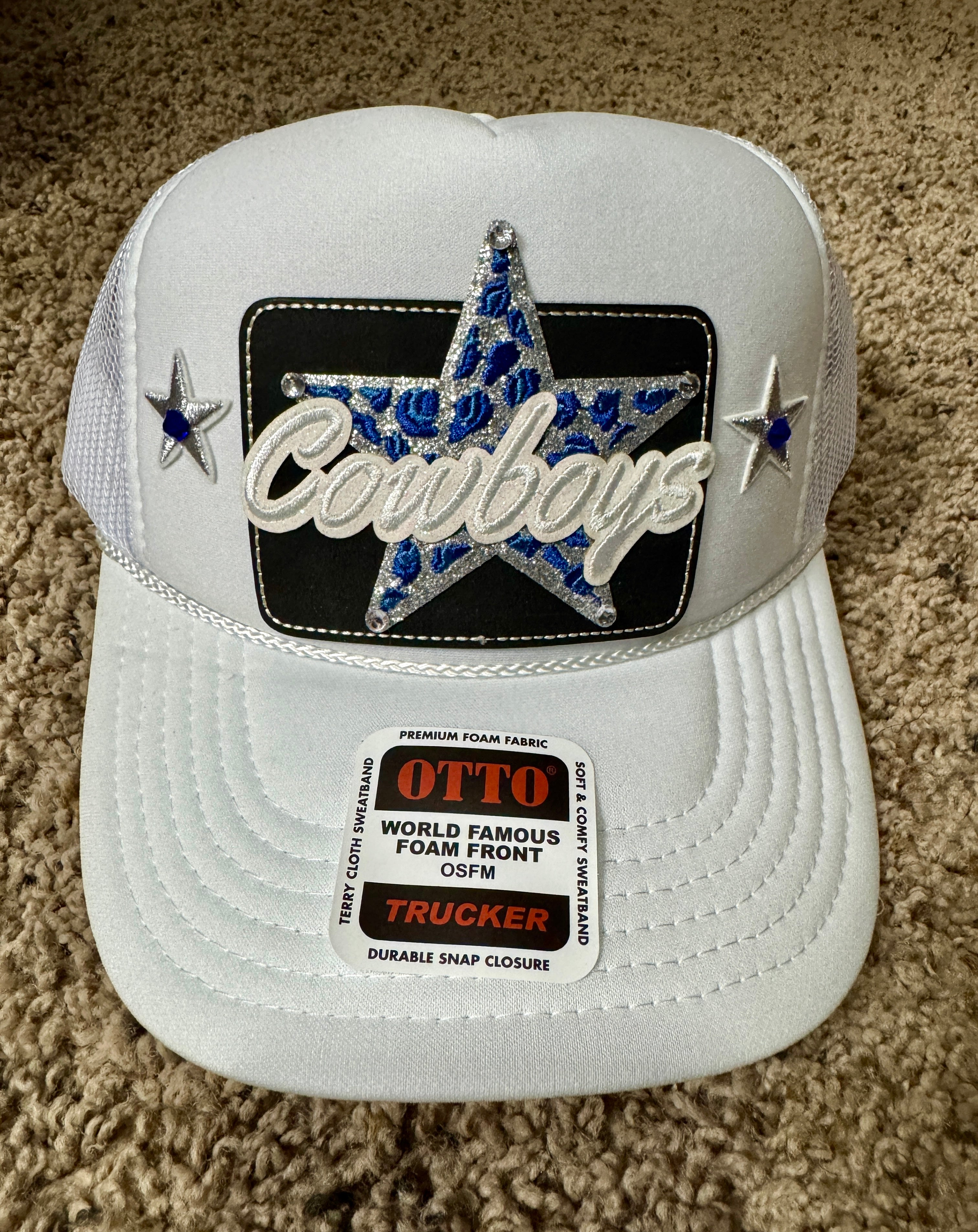 Dallas Cowboys Trucker Hat – Otto White Foam Front, Rhinestone Star Patch, America’s Team Cap