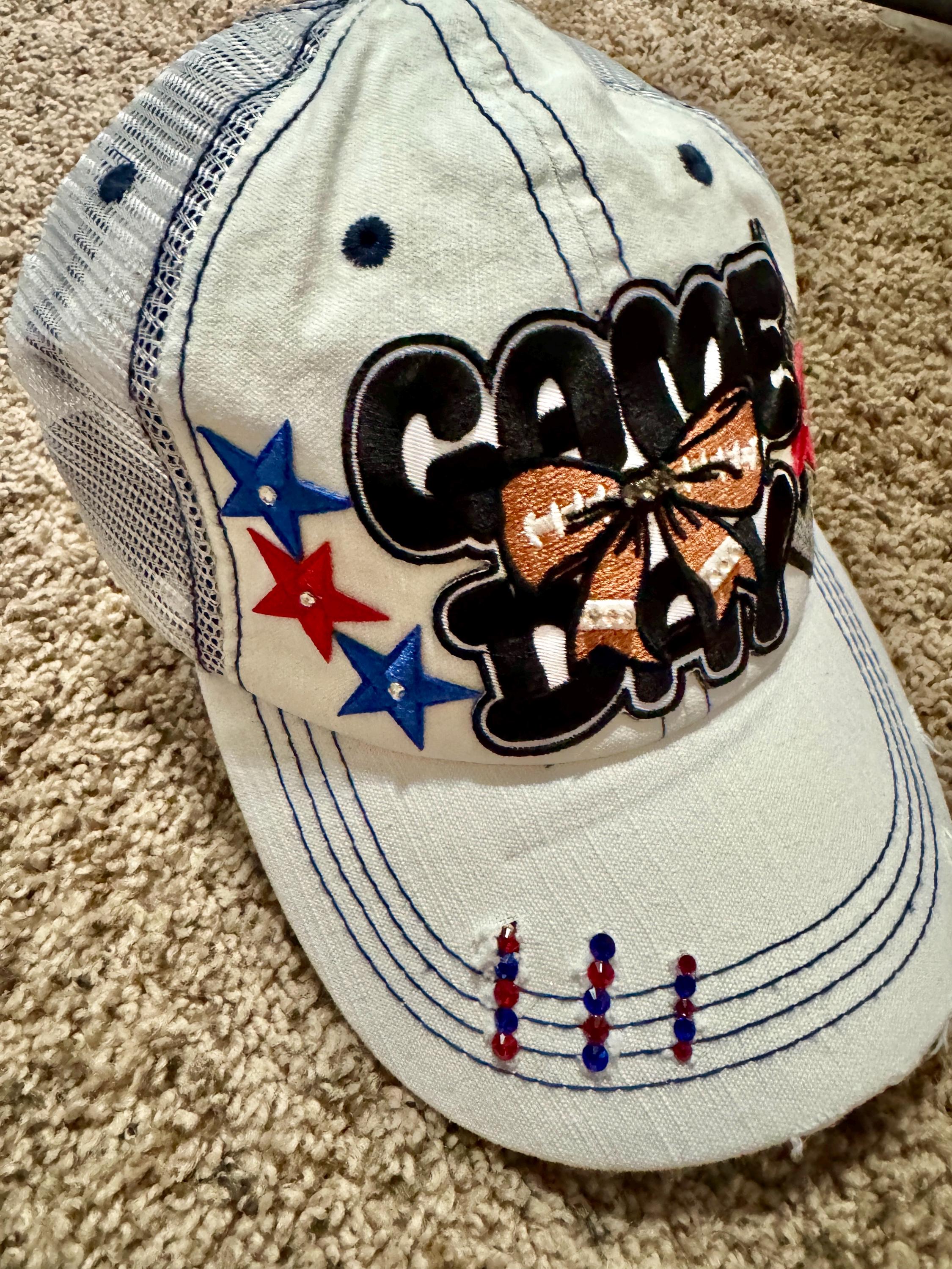 Game Day Trucker Hat – Distressed Mesh Baseball Cap – Football Bow Patch with Rhinestones – Cute Sports Fan Hat -girl gift - iron on patches