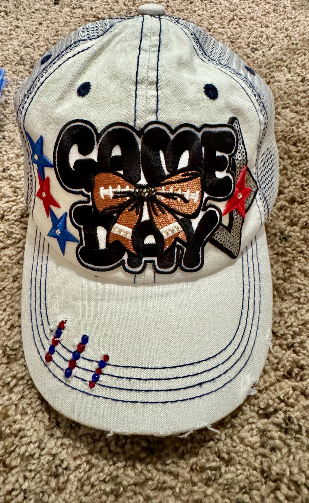 Game Day Trucker Hat – Distressed Mesh Baseball Cap – Football Bow Patch with Rhinestones – Cute Sports Fan Hat -girl gift - iron on patches