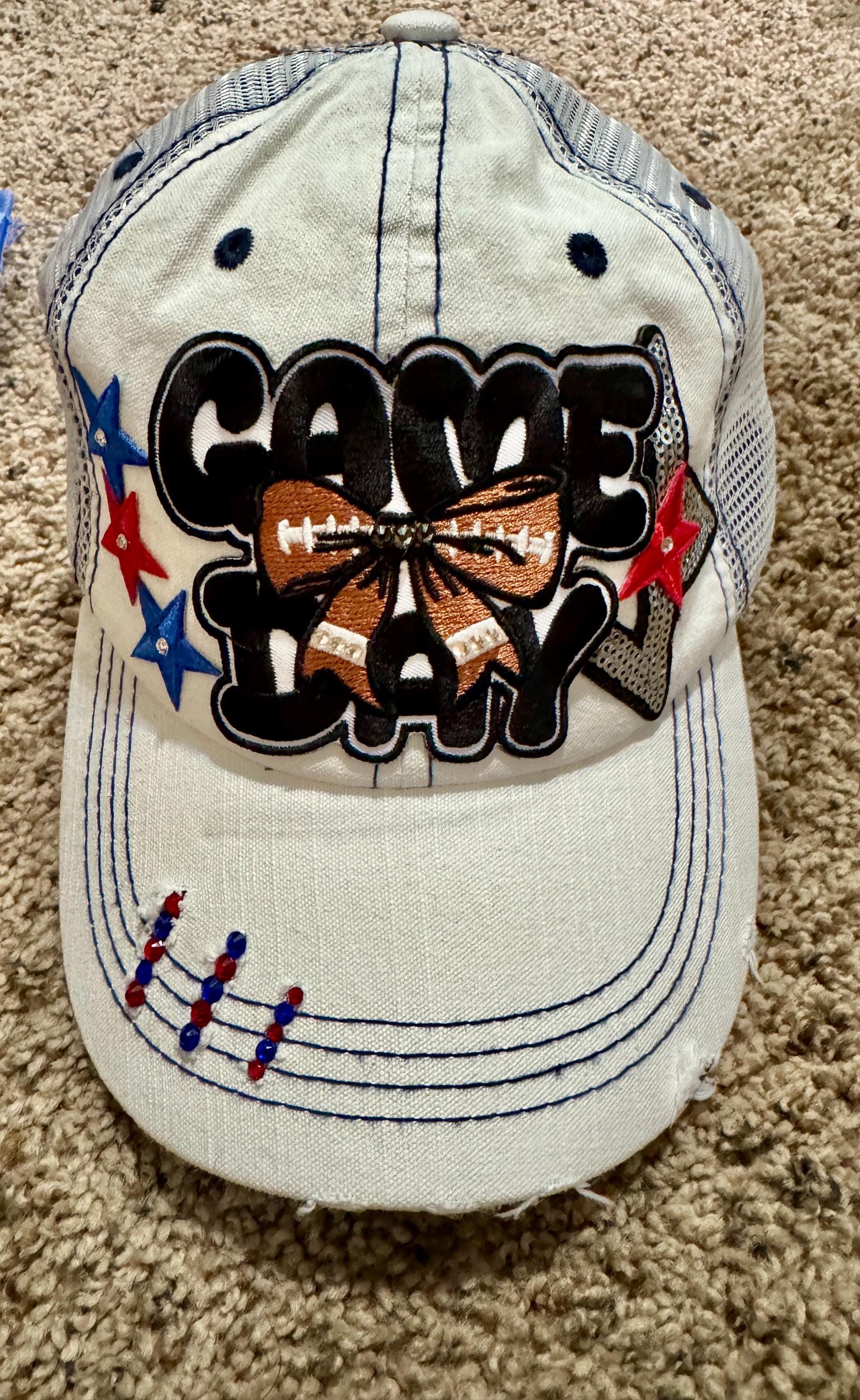 Game Day Trucker Hat – Distressed Mesh Baseball Cap – Football Bow Patch with Rhinestones – Cute Sports Fan Hat -girl gift - iron on patches