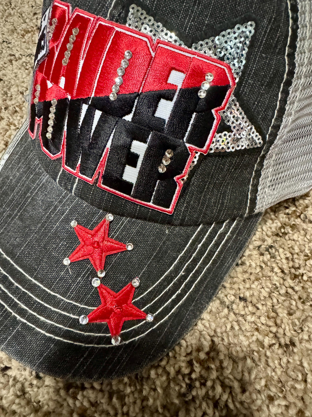Raider Power Trucker Hat TEXAS TECH inspired distressed cap - Red and Black Rhinestone baseball hat Game Day Fan Hat - college girl gift