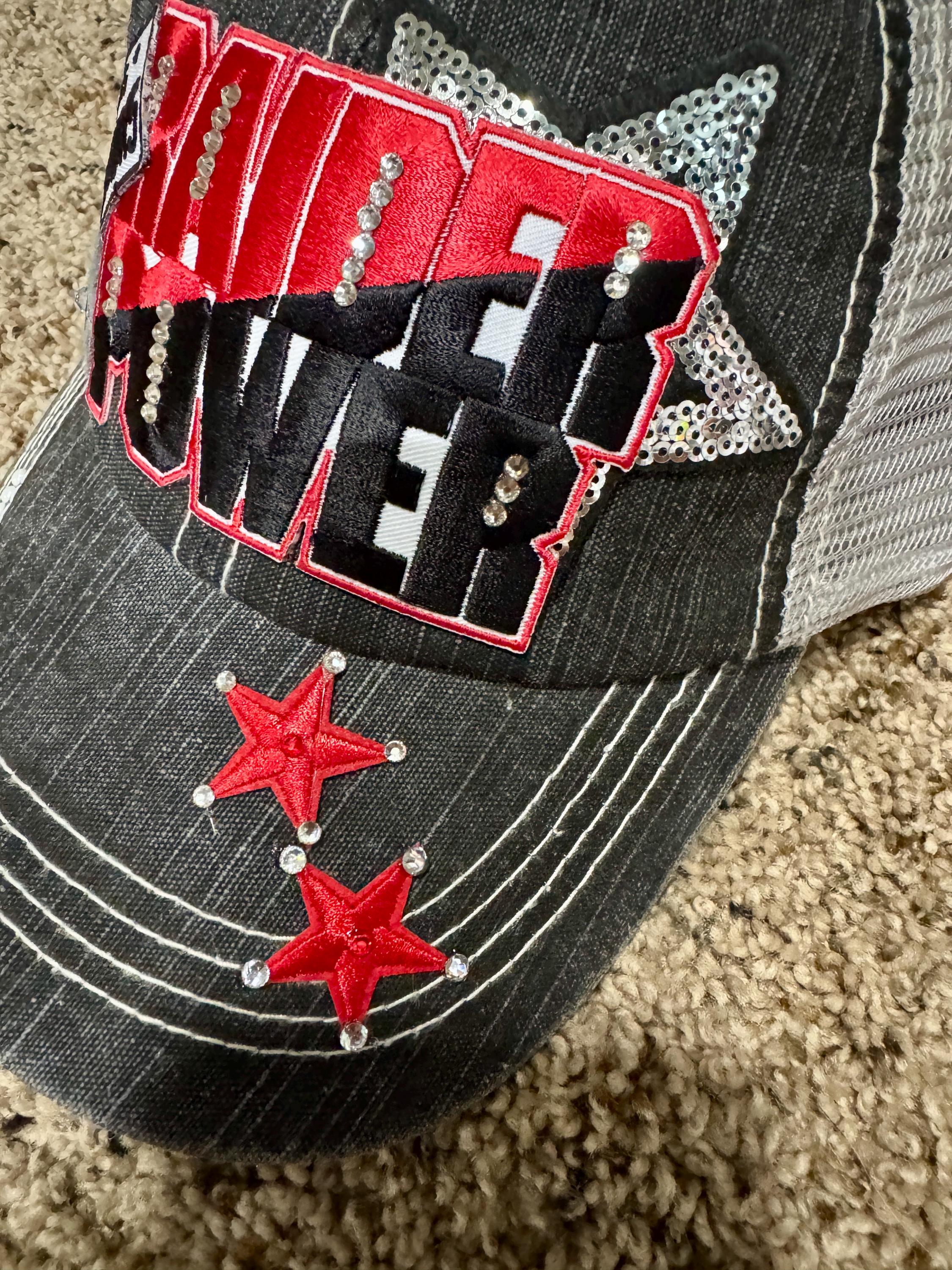 Raider Power Trucker Hat TEXAS TECH inspired distressed cap - Red and Black Rhinestone baseball hat Game Day Fan Hat - college girl gift