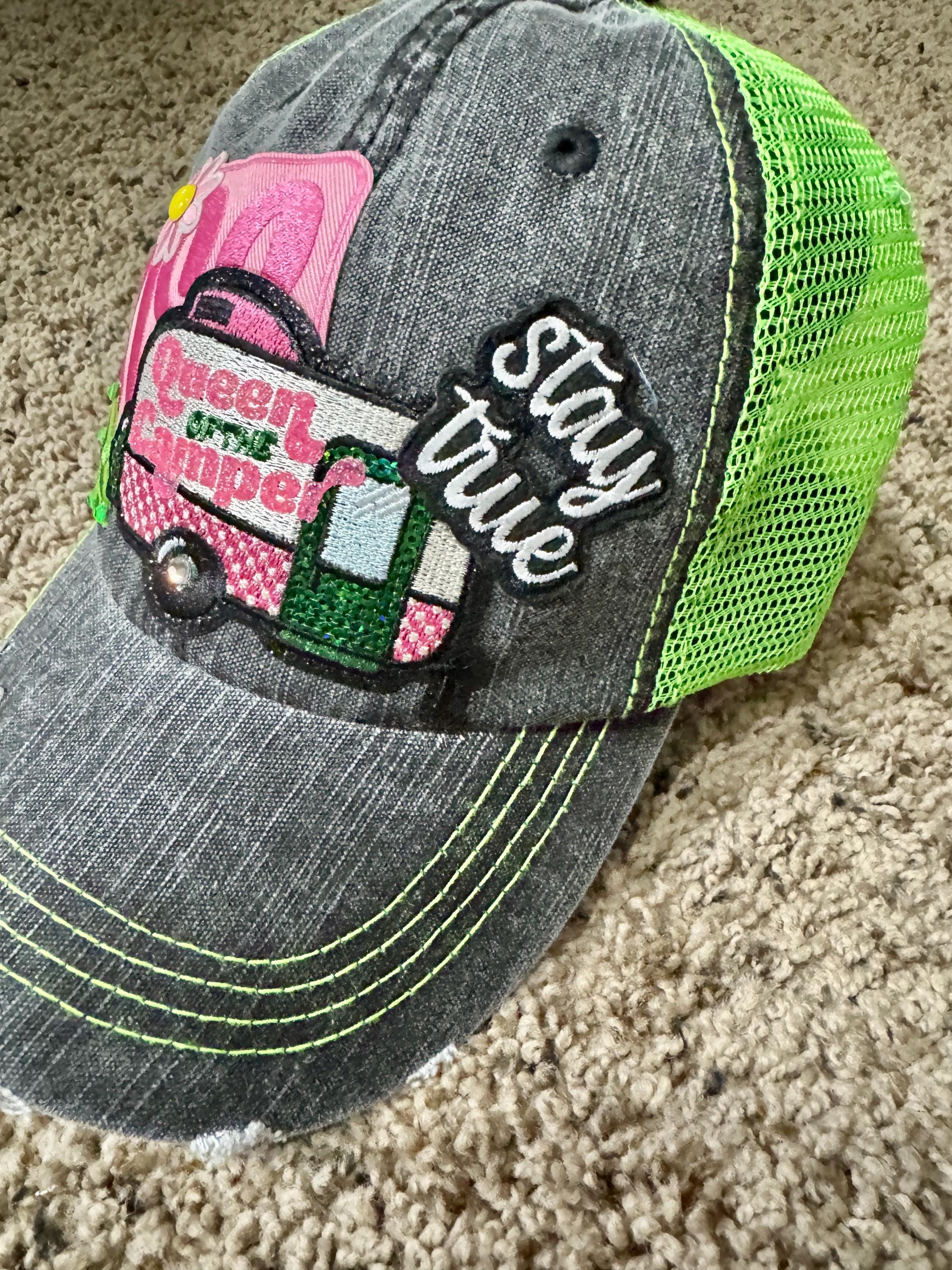 Queen of the Camper Trucker Hat – Distressed Mesh Cap with Rhinestones – Camping Glam Baseball Hat – Outdoor Adventure Bling
