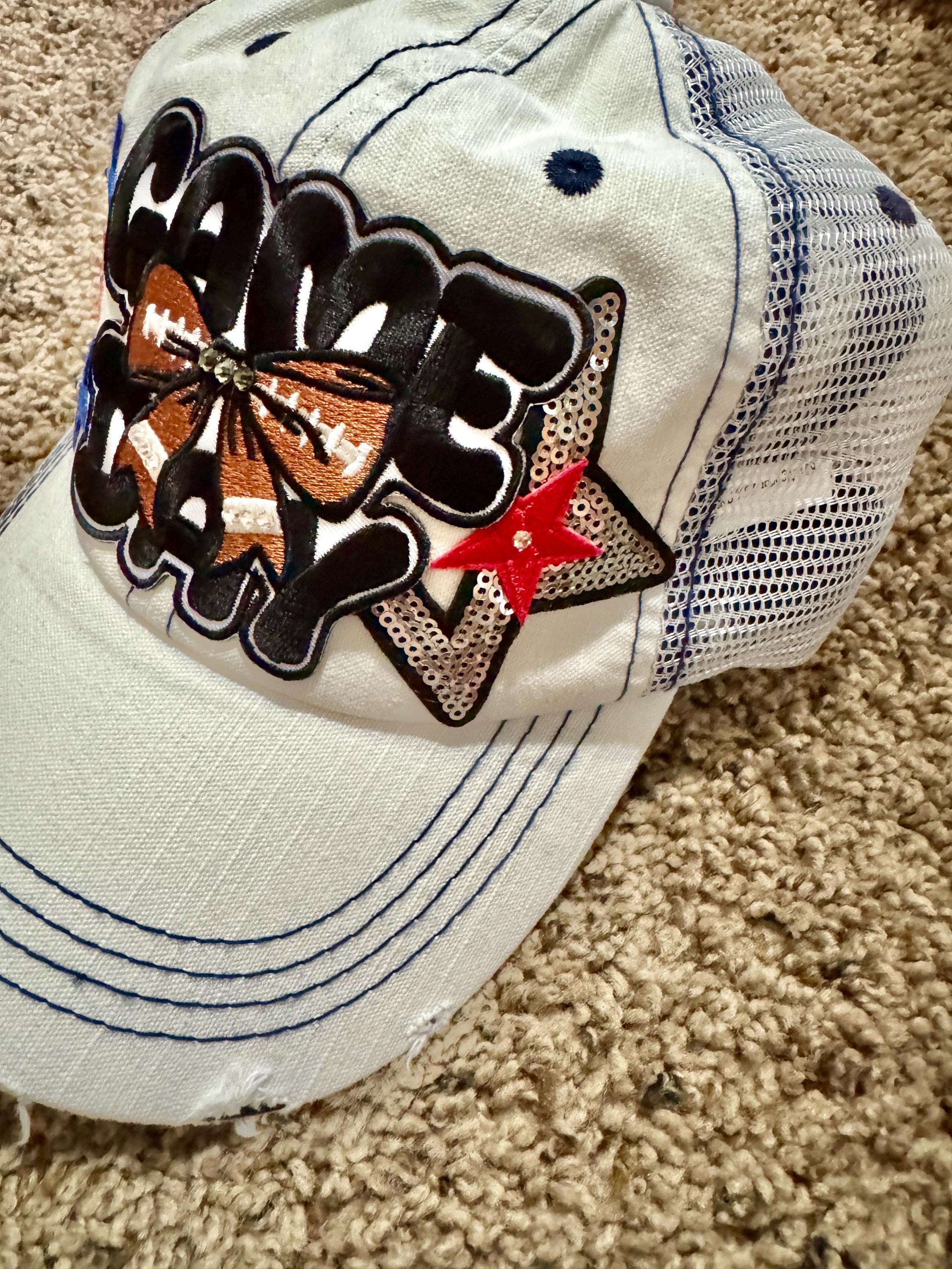 Game Day Trucker Hat – Distressed Mesh Baseball Cap – Football Bow Patch with Rhinestones – Cute Sports Fan Hat -girl gift - iron on patches