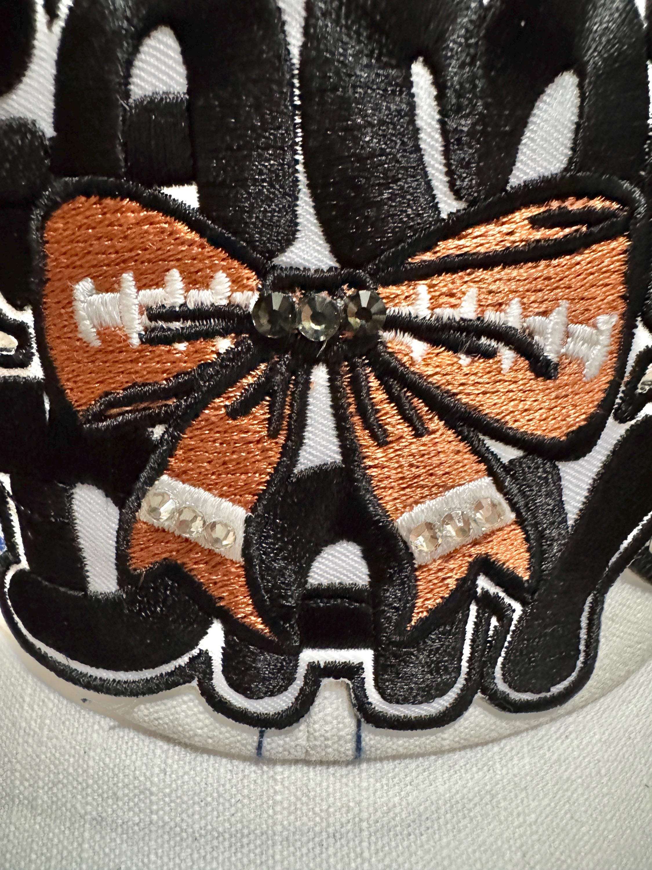 Game Day Trucker Hat – Distressed Mesh Baseball Cap – Football Bow Patch with Rhinestones – Cute Sports Fan Hat -girl gift - iron on patches