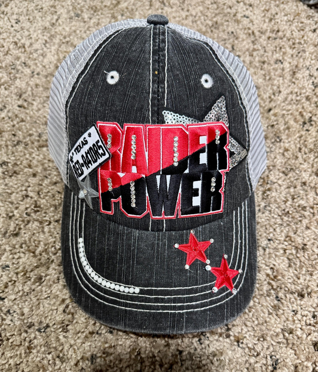 Raider Power Trucker Hat TEXAS TECH inspired distressed cap - Red and Black Rhinestone baseball hat Game Day Fan Hat - college girl gift