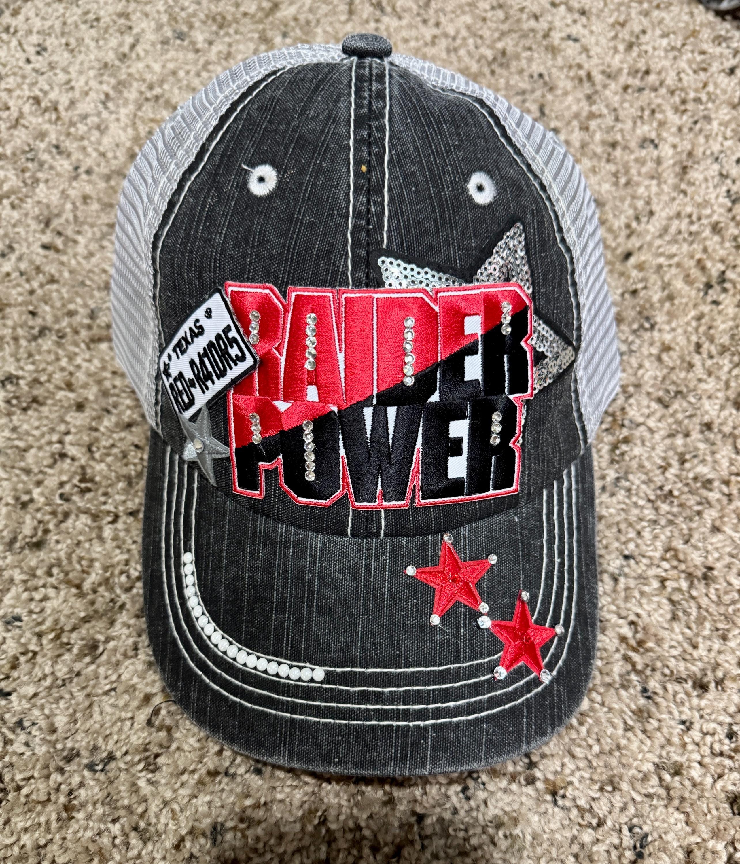 Raider Power Trucker Hat TEXAS TECH inspired distressed cap - Red and Black Rhinestone baseball hat Game Day Fan Hat - college girl gift