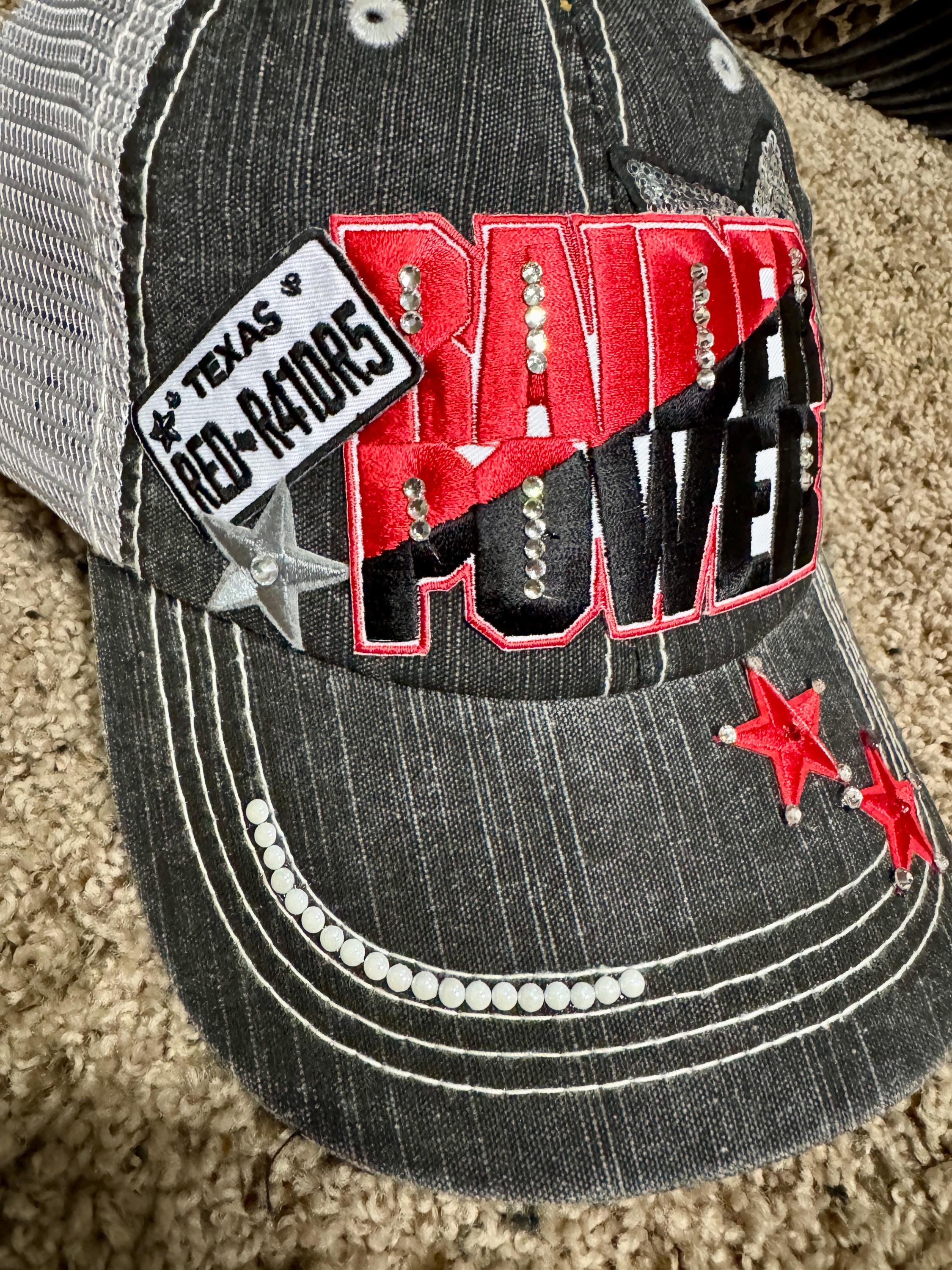 Raider Power Trucker Hat TEXAS TECH inspired distressed cap - Red and Black Rhinestone baseball hat Game Day Fan Hat - college girl gift