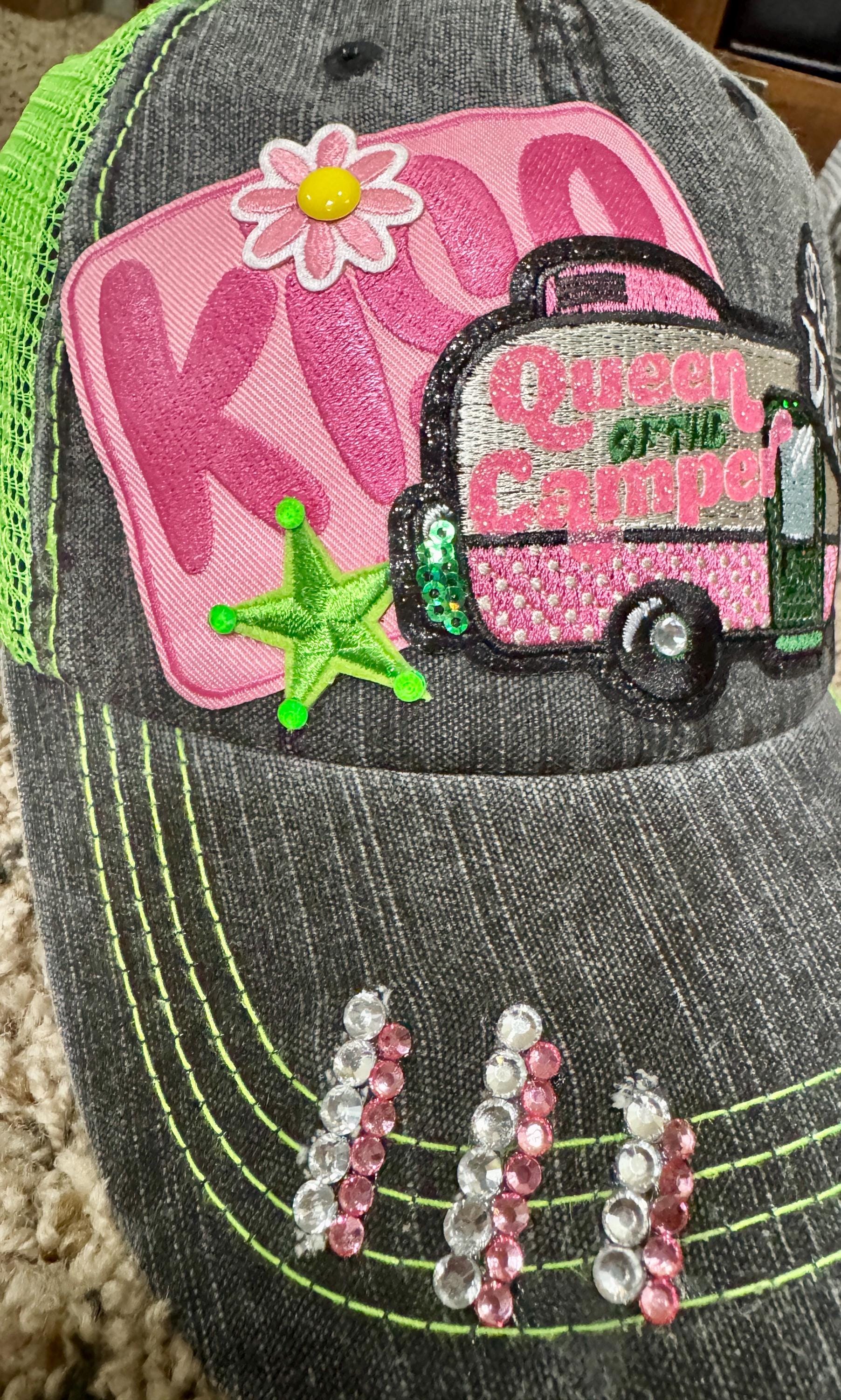 Queen of the Camper Trucker Hat – Distressed Mesh Cap with Rhinestones – Camping Glam Baseball Hat – Outdoor Adventure Bling