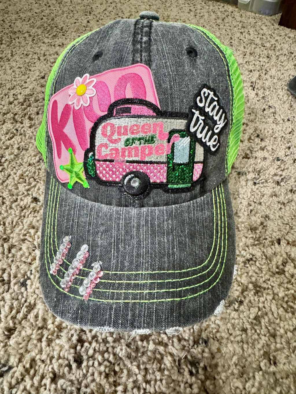 Queen of the Camper Trucker Hat – Distressed Mesh Cap with Rhinestones – Camping Glam Baseball Hat – Outdoor Adventure Bling