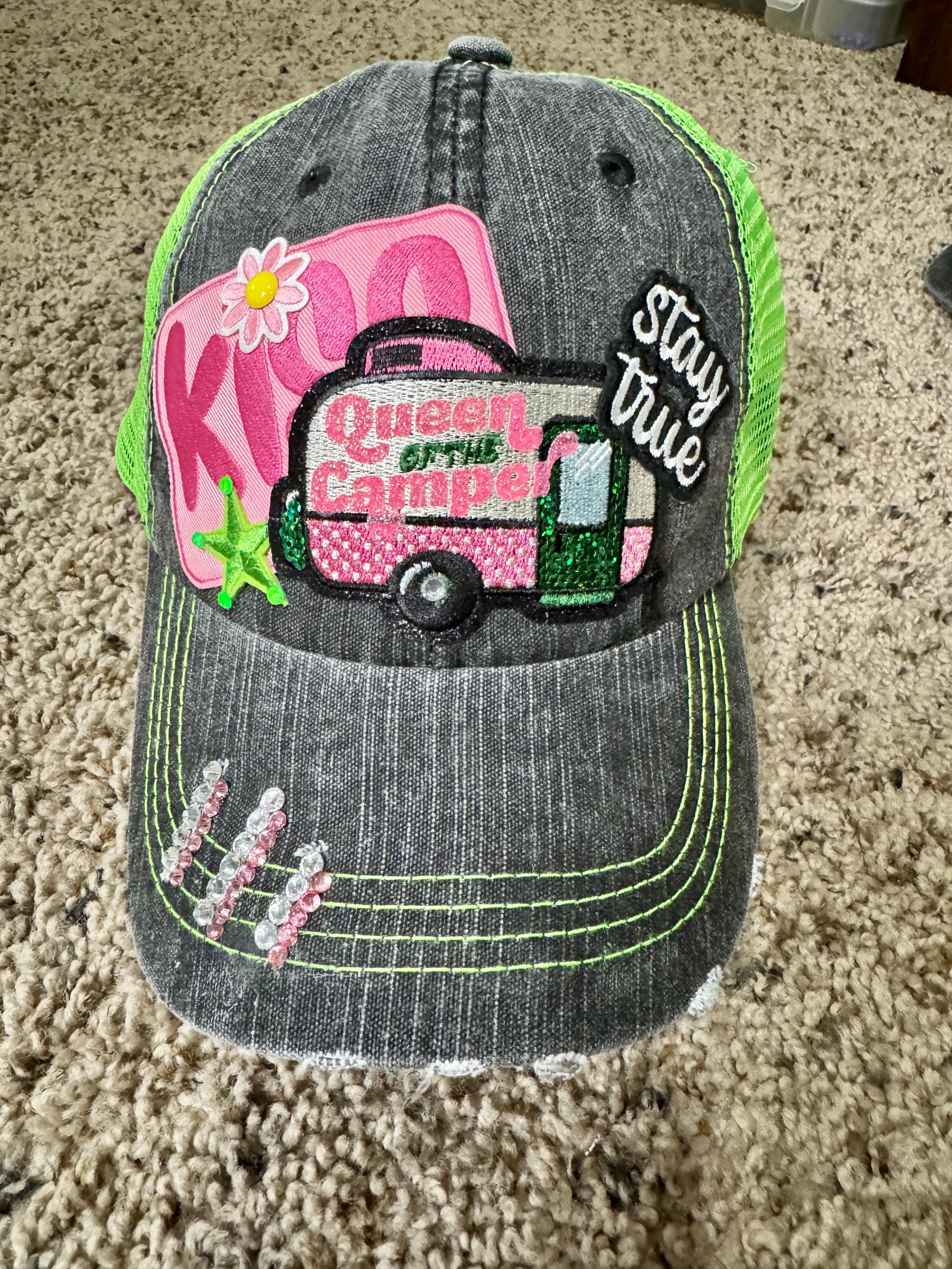 Queen of the Camper Trucker Hat – Distressed Mesh Cap with Rhinestones – Camping Glam Baseball Hat – Outdoor Adventure Bling